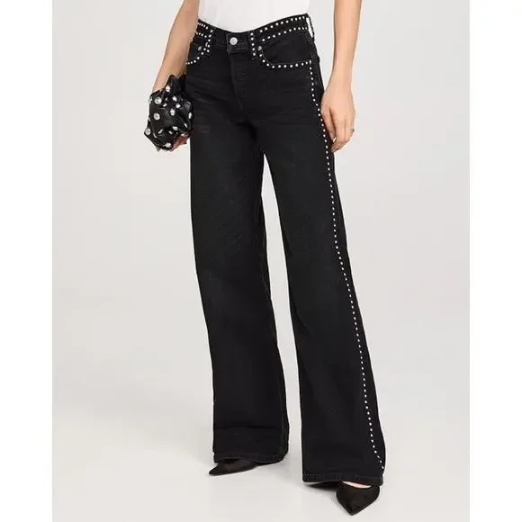 Re/Done Studded Mid Rise Wide Leg Pants - Size 26 - Washed Black - Picture 2 of 10